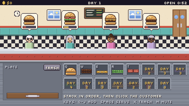 Cook and Go — a pixel-art diner with customers ordering burgers